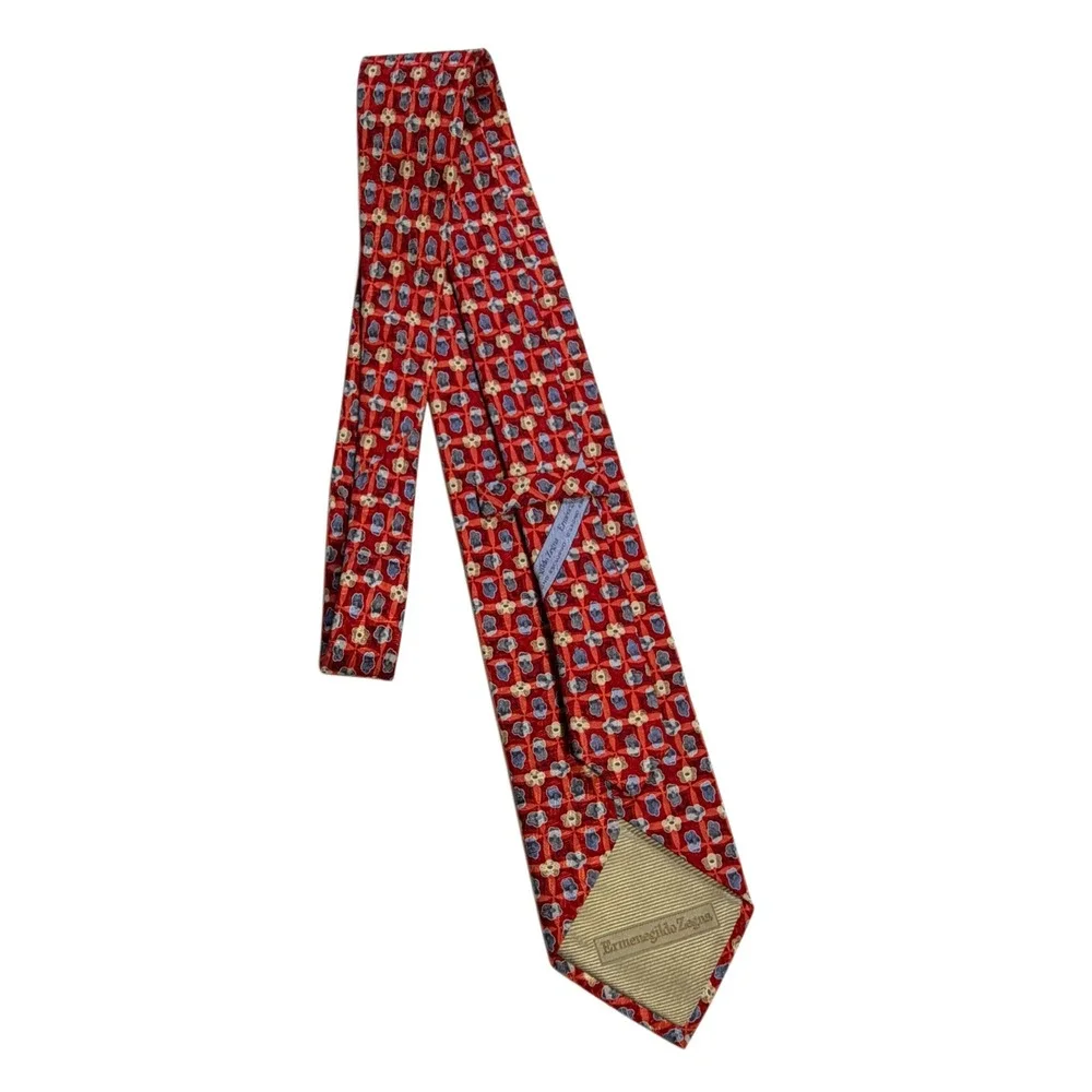 Luxury Ermenegildo Zegna Red Geometric Floral 100% Silk Italian Designer Tie